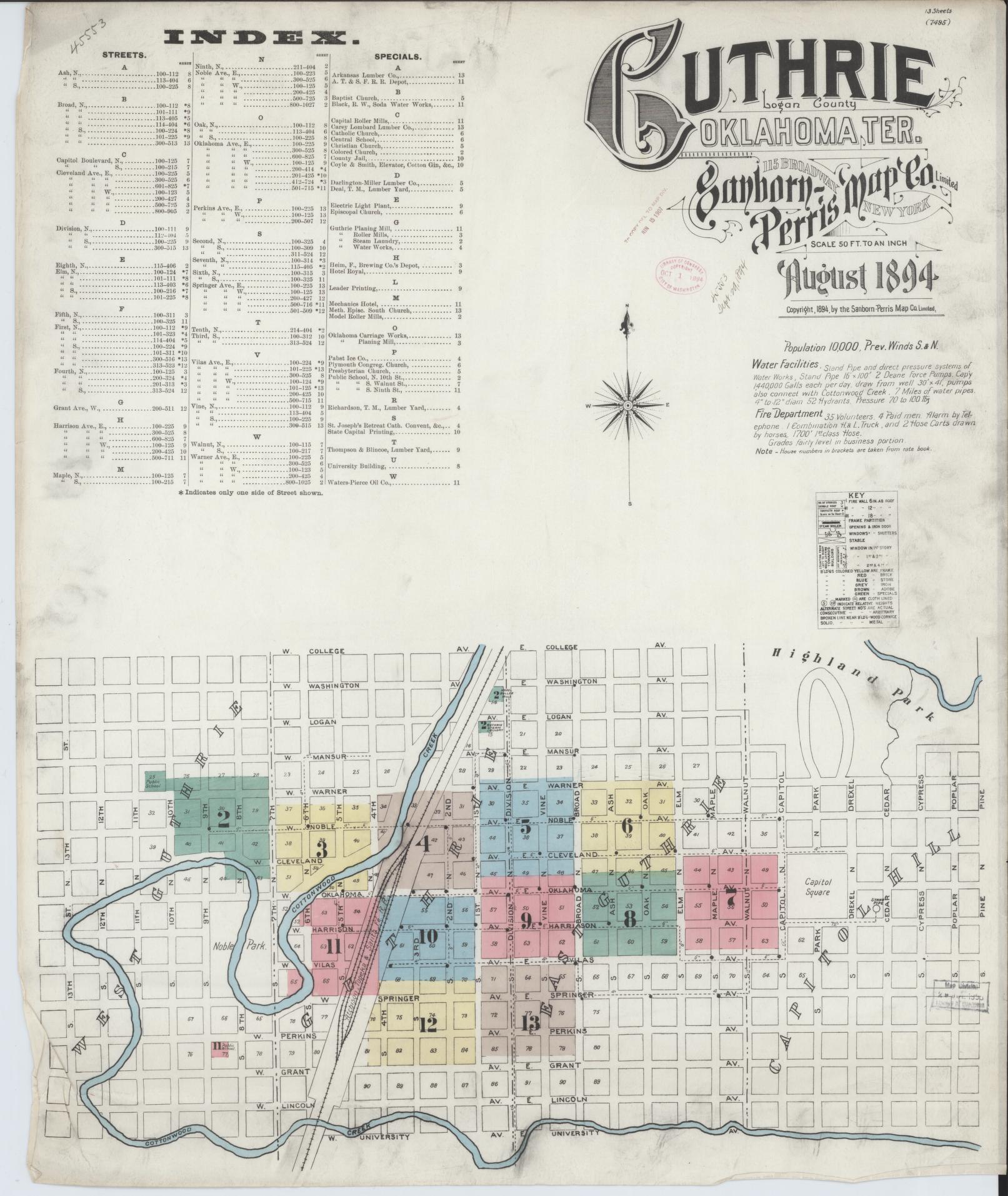Sanborn Fire Insurance Map from Guthrie, Logan County, Oklahoma (1894), Sheet #0001 - Historic Sanborn Fire Insurance Map Print, vintage old map wall art, antique decor, genealogy gift, Oklahoma Oklahoma map
