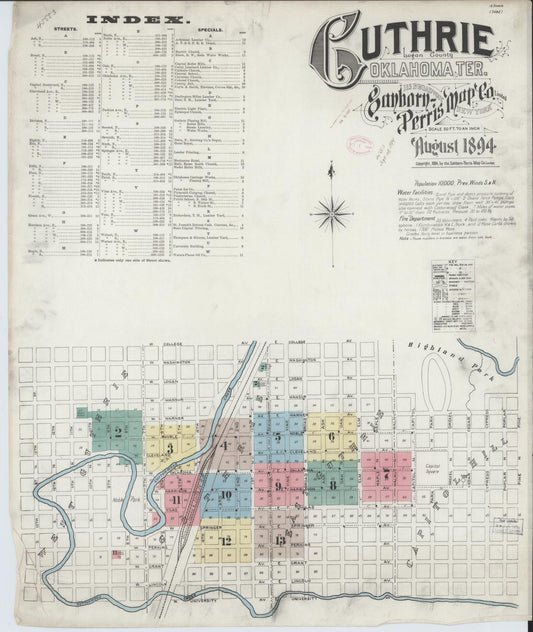 Sanborn Fire Insurance Map from Guthrie, Logan County, Oklahoma (1894), Sheet #0001 - Historic Sanborn Fire Insurance Map Print, vintage old map wall art, antique decor, genealogy gift, Oklahoma Oklahoma map