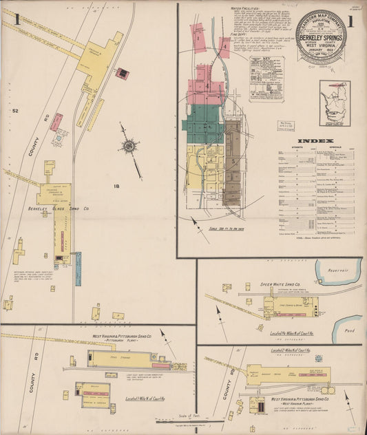Sanborn Fire Insurance Map from Berkeley Springs, Morgan County, West Virginia (1923), Sheet #0001 - Complete Map Set gallery image, historic Sanborn map, vintage wall art, West Virginia West Virginia