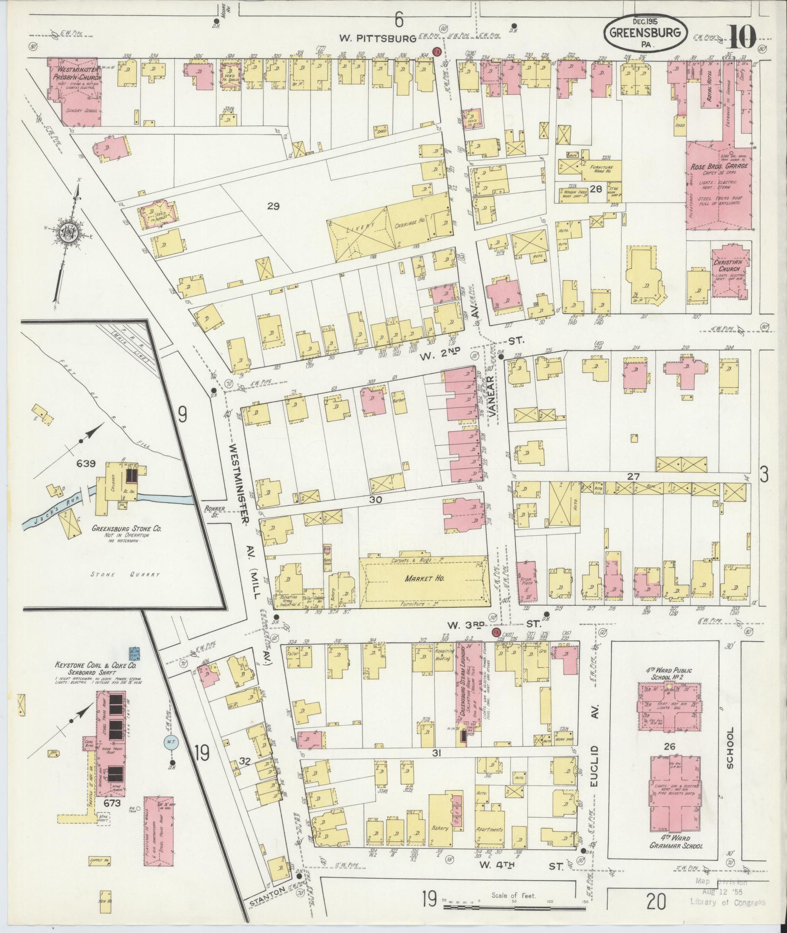 Sanborn Fire Insurance Map from Greensburg, Westmoreland County, Pennsylvania (1915), Sheet #0010 - Historic Sanborn Fire Insurance Map Print, vintage old map wall art, antique decor, genealogy gift, Pennsylvania Pennsylvania map