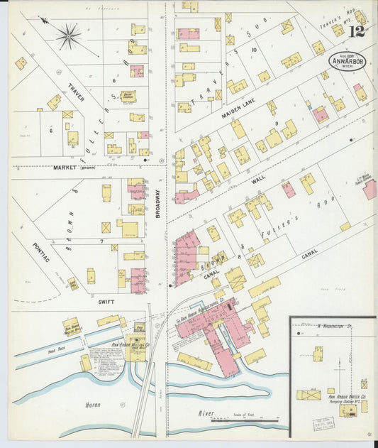 Sanborn Fire Insurance Map from Ann Arbor, Washtenaw County, Michigan (1899), Sheet #0012 - Historic Sanborn Fire Insurance Map Print, vintage old map wall art, antique decor, genealogy gift, Michigan Michigan map