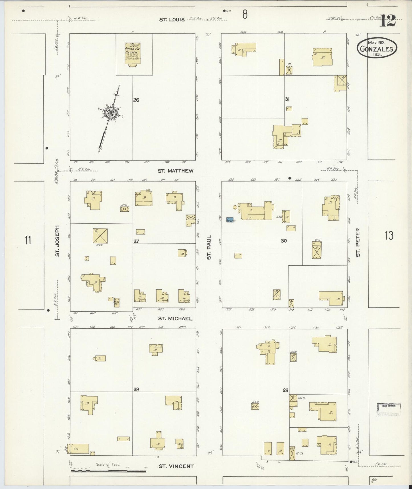 Sanborn Fire Insurance Map from Gonzales, Gonzales County, Texas (1912), Sheet #0012 - Complete Map Set gallery image, historic Sanborn map, vintage wall art, Texas Texas