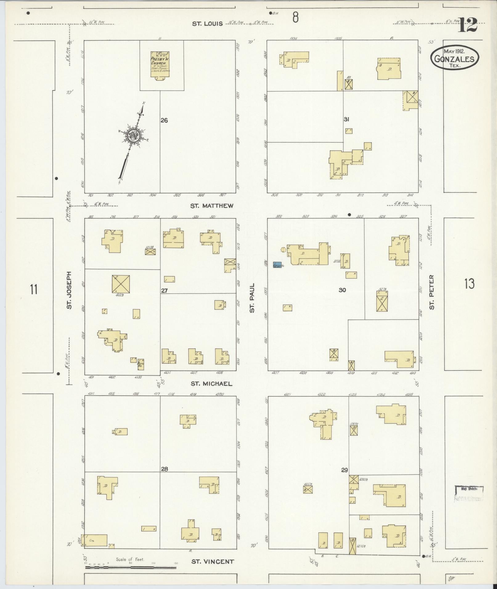 Sanborn Fire Insurance Map from Gonzales, Gonzales County, Texas (1912), Sheet #0012 - Complete Map Set gallery image, historic Sanborn map, vintage wall art, Texas Texas