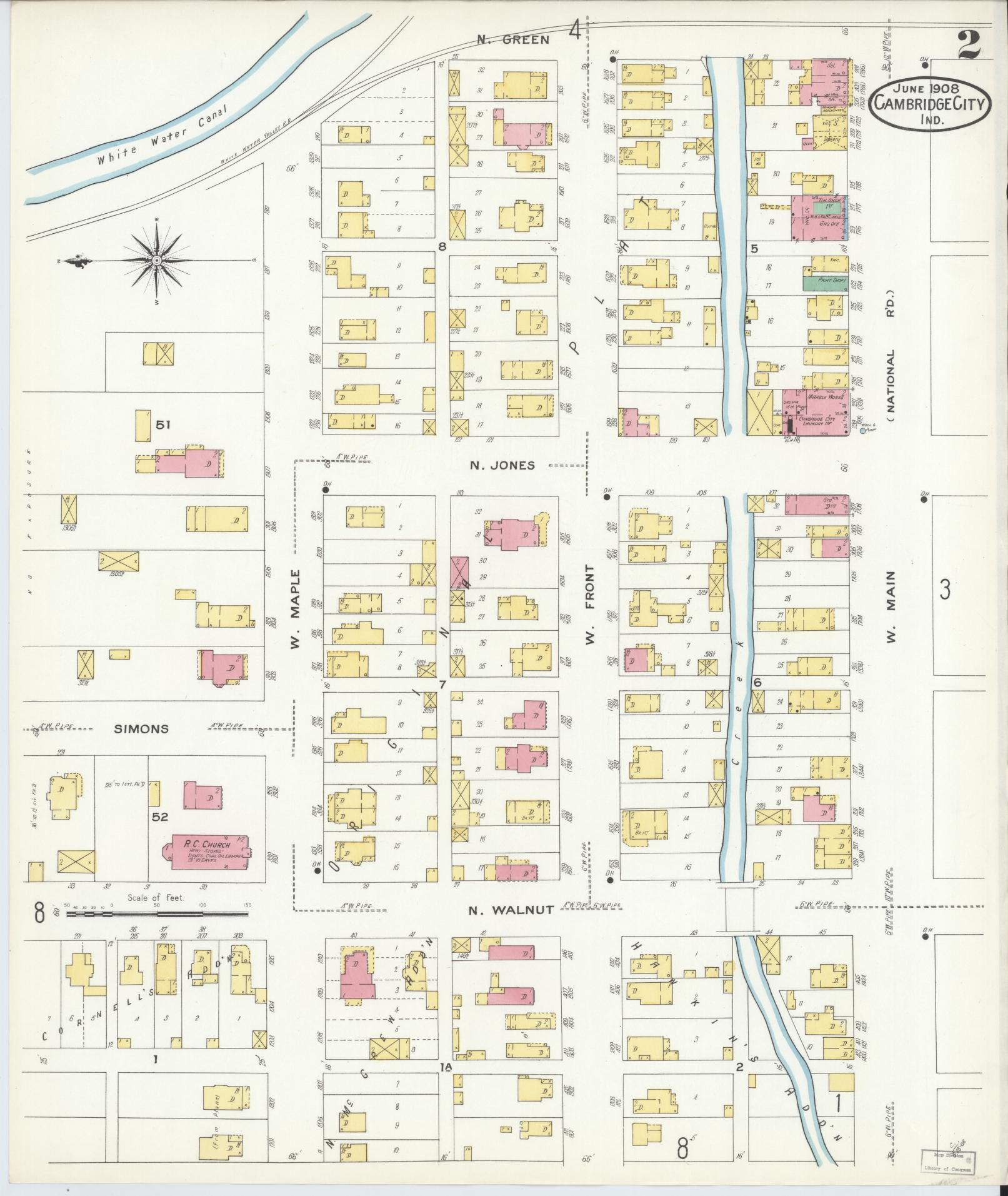 Sanborn Fire Insurance Map from Cambridge City, Wayne County, Indiana (1908), Sheet #0002 - Historic Sanborn Fire Insurance Map Print, vintage old map wall art, antique decor, genealogy gift, Indiana Indiana map