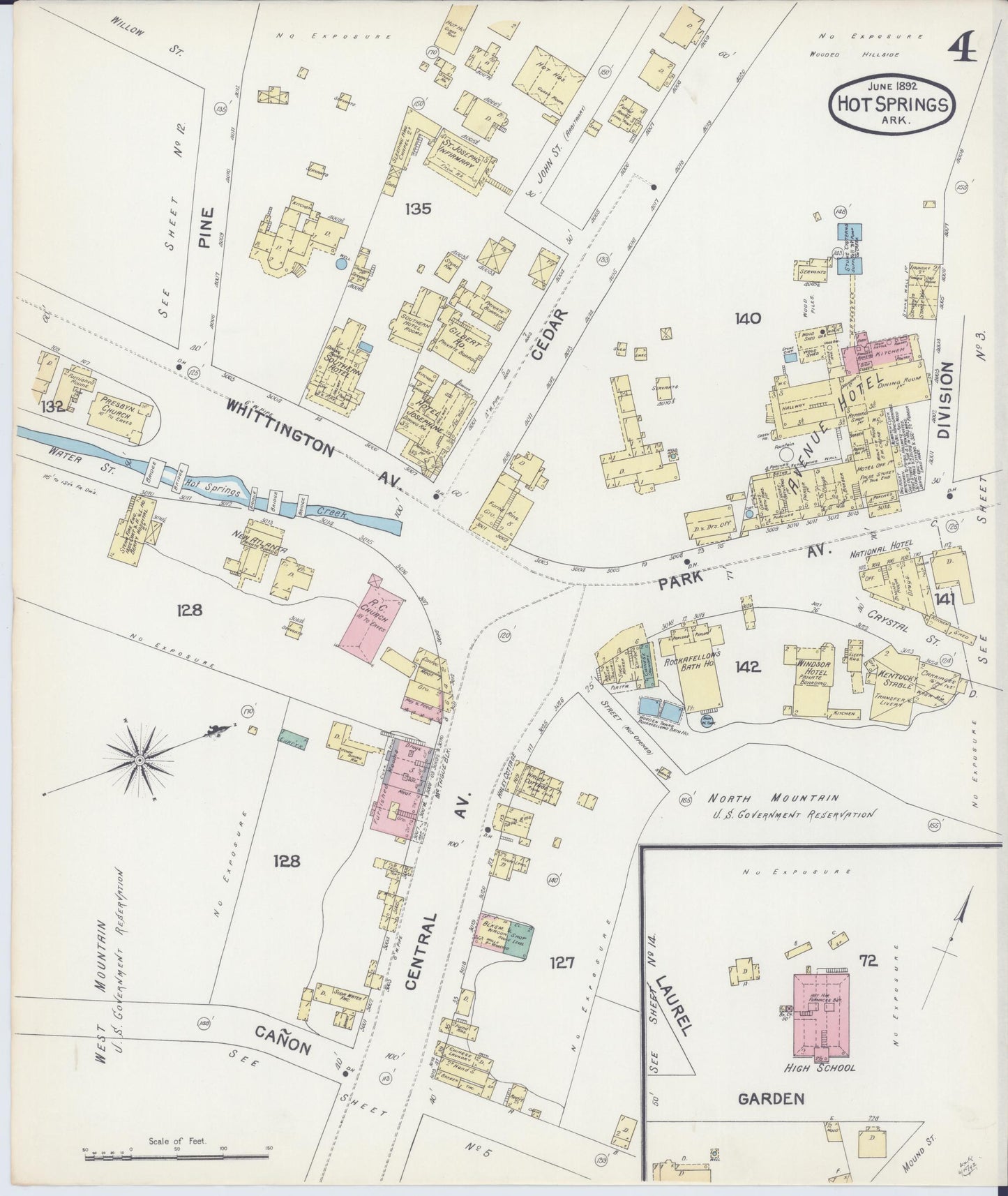 Sanborn Fire Insurance Map from Hot Springs, Garland County, Arkansas (1892), Sheet #0004 - Historic Sanborn Fire Insurance Map Print, vintage old map wall art, antique decor, genealogy gift, Arkansas Arkansas map