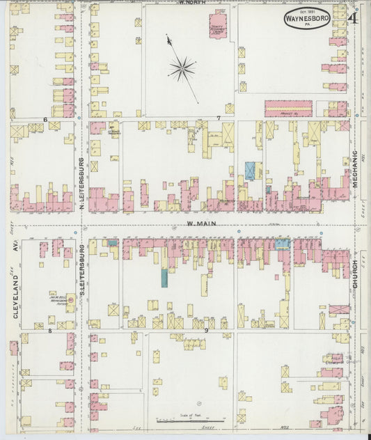 Sanborn Fire Insurance Map from Waynesboro, Franklin County, Pennsylvania (1891), Sheet #0004 - Historic Sanborn Fire Insurance Map Print, vintage old map wall art, antique decor, genealogy gift, Pennsylvania Pennsylvania map