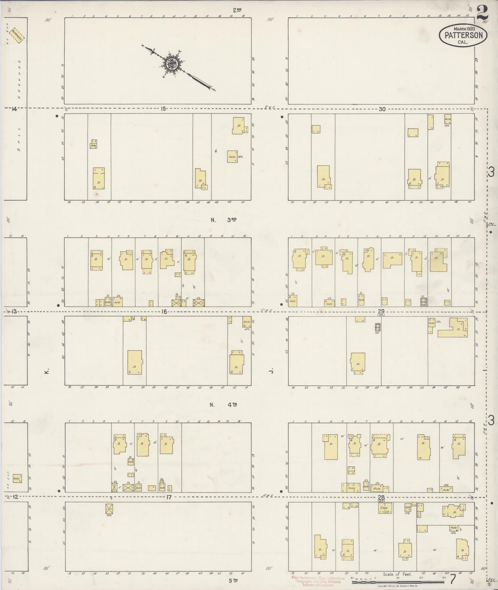 Sanborn Fire Insurance Map from Patterson, Stanislaus County, California (1920), Sheet #0002 - Complete Map Set gallery image, historic Sanborn map, vintage wall art, California California