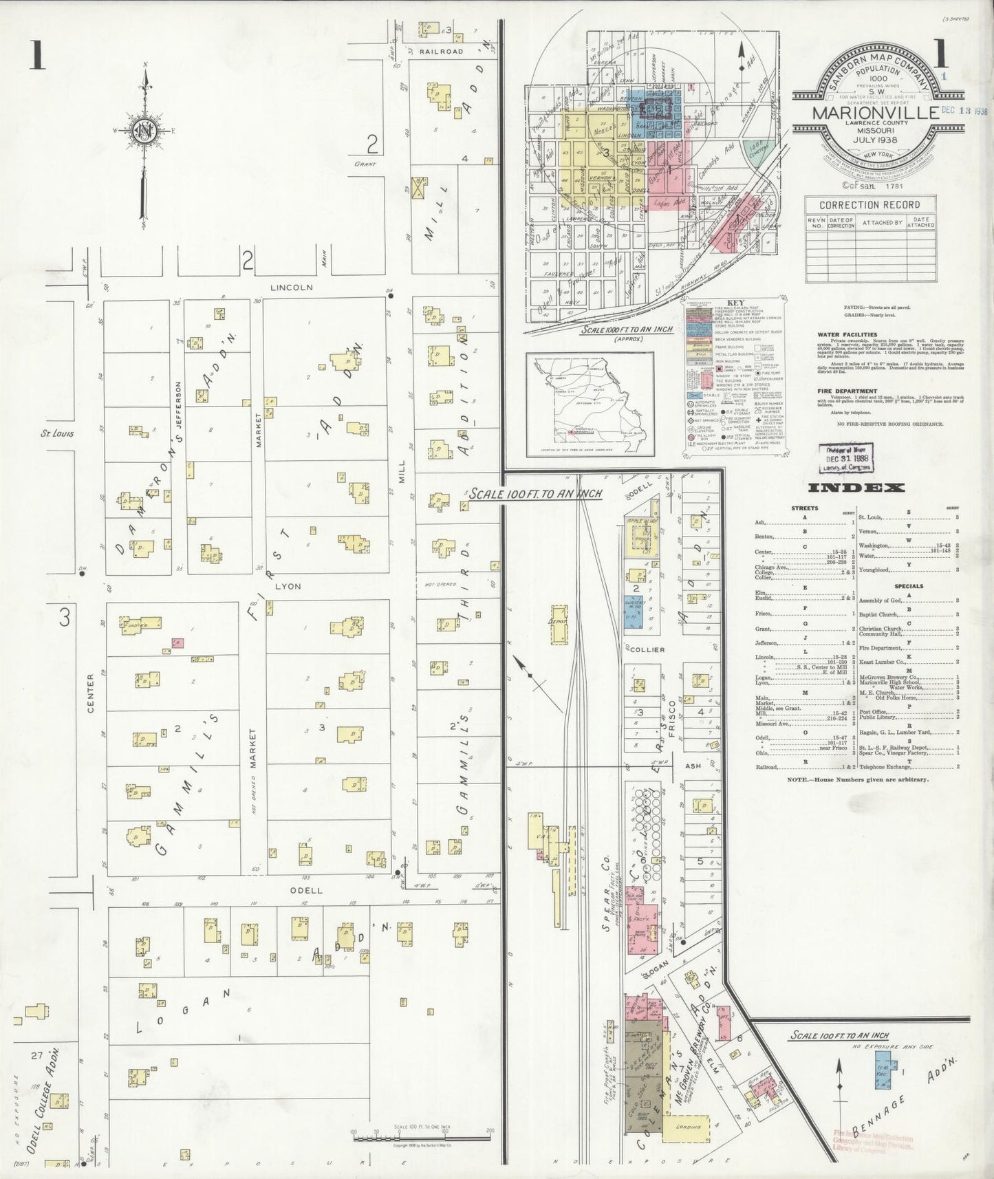 Sanborn Fire Insurance Map from Marionville, Lawrence County, Missouri (1938), Sheet #0001 - Complete Map Set gallery image, historic Sanborn map, vintage wall art, Missouri Missouri