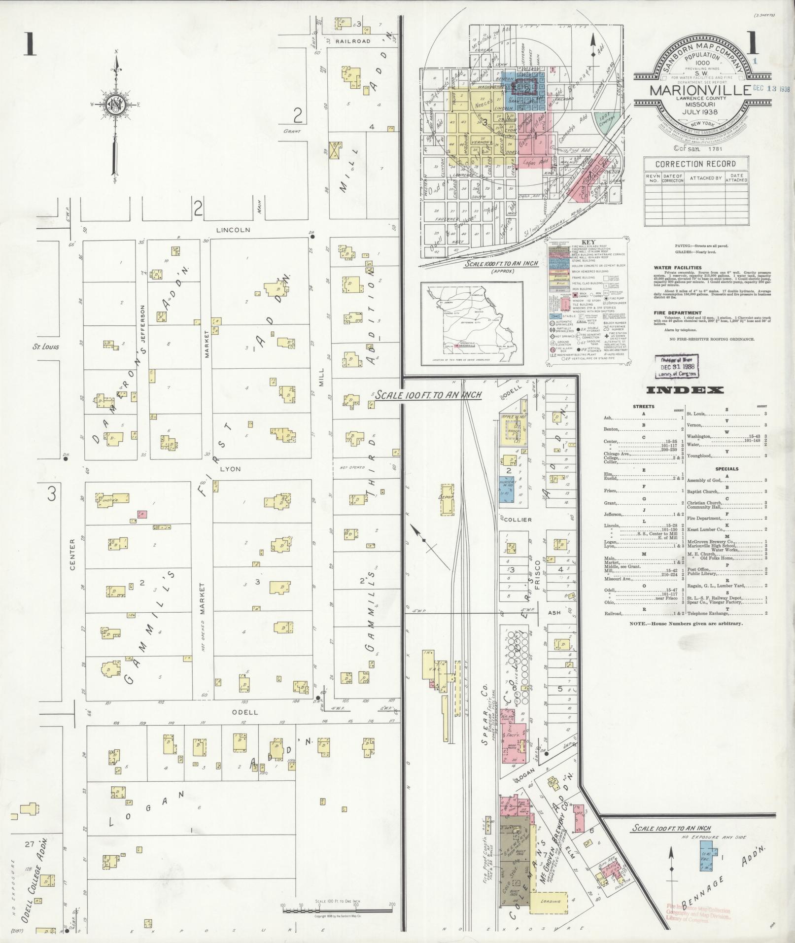 Sanborn Fire Insurance Map from Marionville, Lawrence County, Missouri (1938), Sheet #0001 - Complete Map Set gallery image, historic Sanborn map, vintage wall art, Missouri Missouri