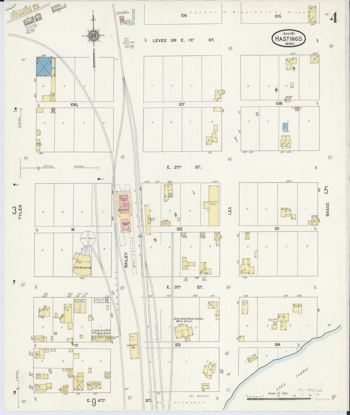 Sanborn Fire Insurance Map from Hastings, Dakota County, Minnesota (1911), Sheet #0004 - Historic Sanborn Fire Insurance Map Print, vintage old map wall art, antique decor, genealogy gift, Minnesota Minnesota map
