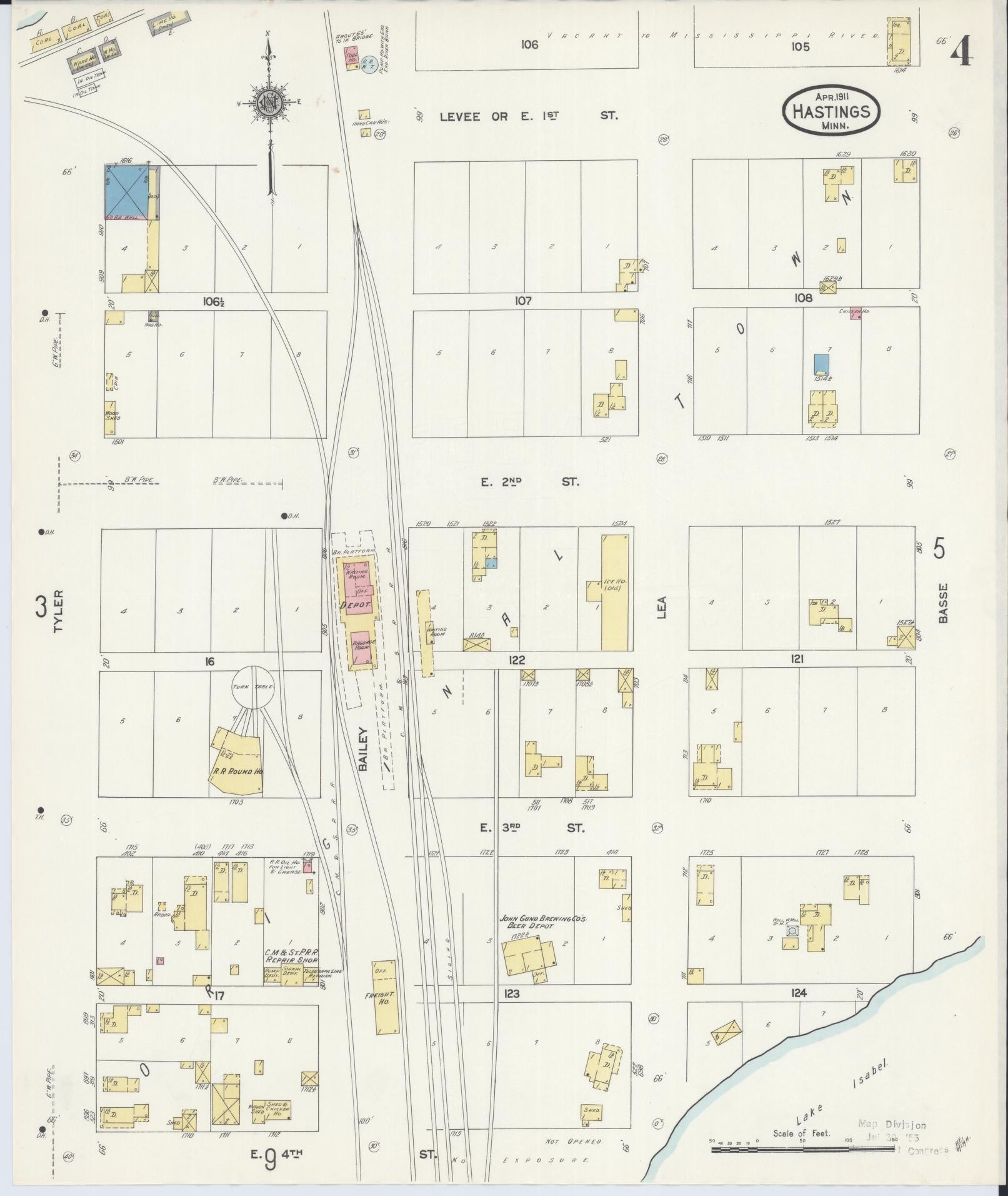 Sanborn Fire Insurance Map from Hastings, Dakota County, Minnesota (1911), Sheet #0004 - Historic Sanborn Fire Insurance Map Print, vintage old map wall art, antique decor, genealogy gift, Minnesota Minnesota map