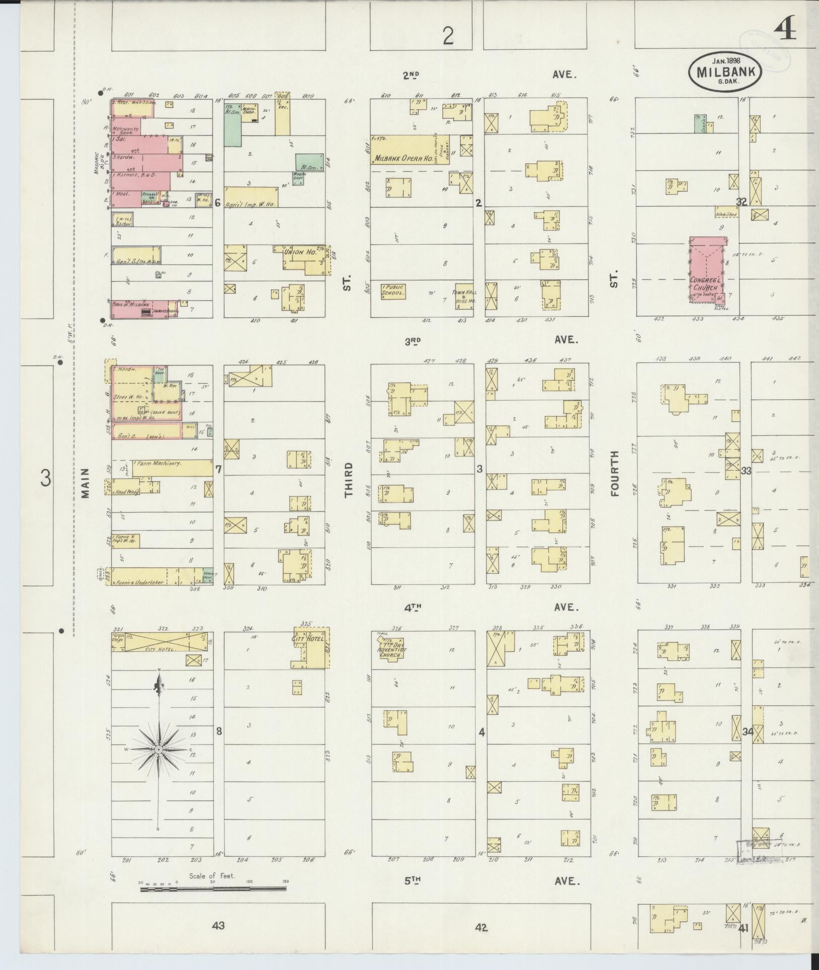 Sanborn Fire Insurance Map from Milbank, Grant County, South Dakota (1898), Sheet #0004 - Historic Sanborn Fire Insurance Map Print, vintage old map wall art, antique decor, genealogy gift, South Dakota South Dakota map