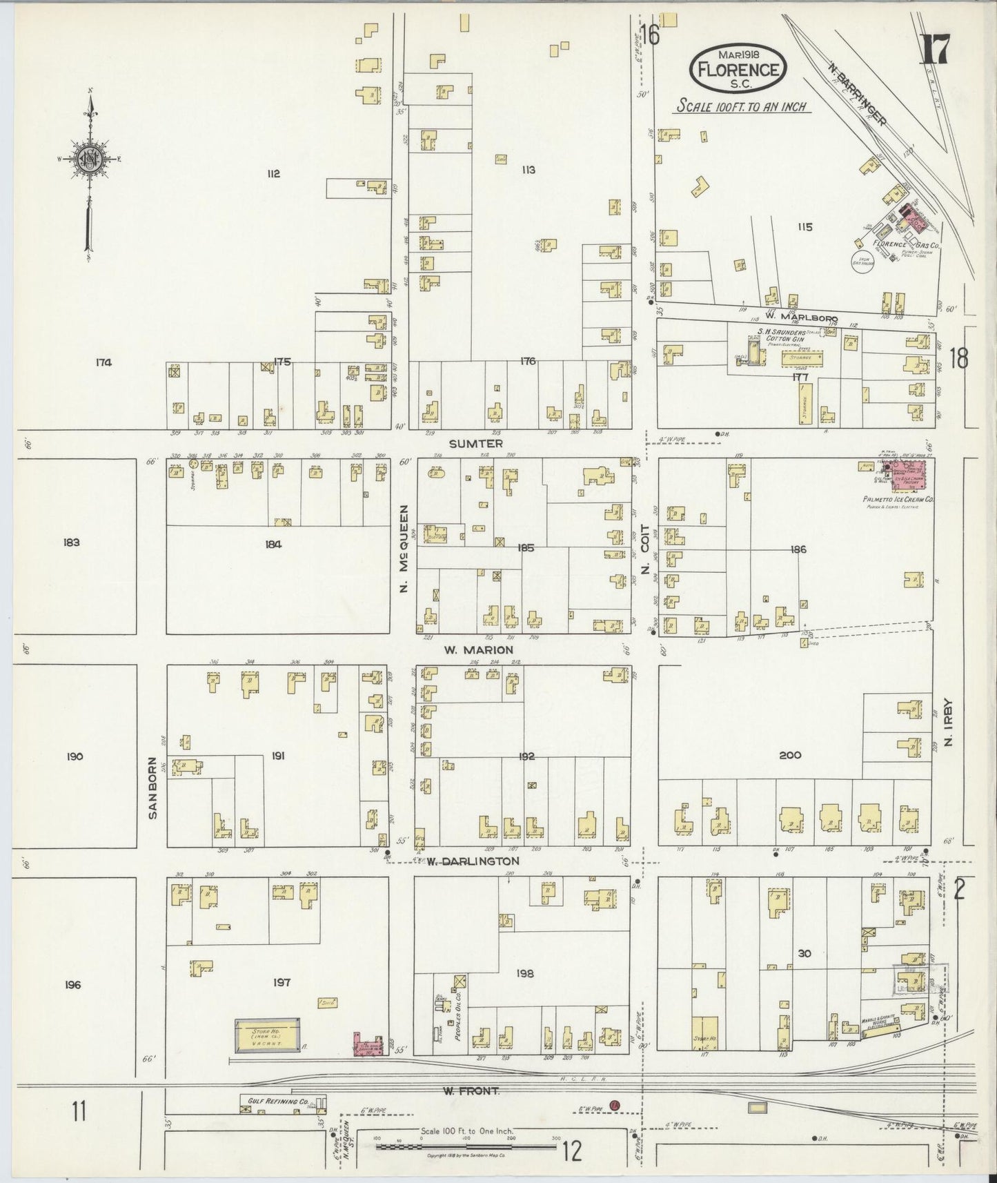 Sanborn Fire Insurance Map from Florence, Florence County, South Carolina (1918), Sheet #0017 - Historic Sanborn Fire Insurance Map Print, vintage old map wall art, antique decor, genealogy gift, South Carolina South Carolina map