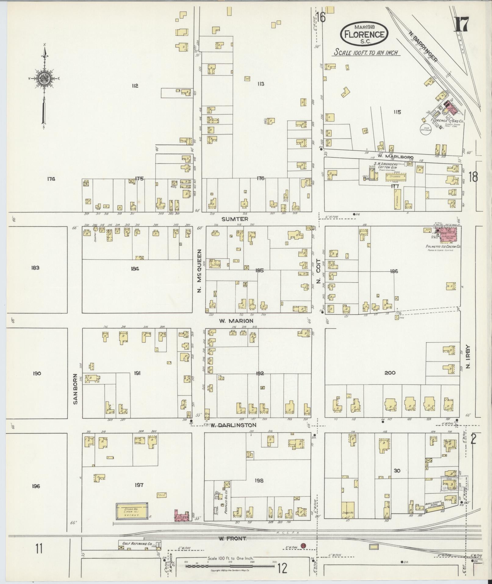 Sanborn Fire Insurance Map from Florence, Florence County, South Carolina (1918), Sheet #0017 - Historic Sanborn Fire Insurance Map Print, vintage old map wall art, antique decor, genealogy gift, South Carolina South Carolina map