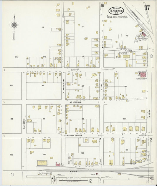 Sanborn Fire Insurance Map from Florence, Florence County, South Carolina (1918), Sheet #0017 - Historic Sanborn Fire Insurance Map Print, vintage old map wall art, antique decor, genealogy gift, South Carolina South Carolina map