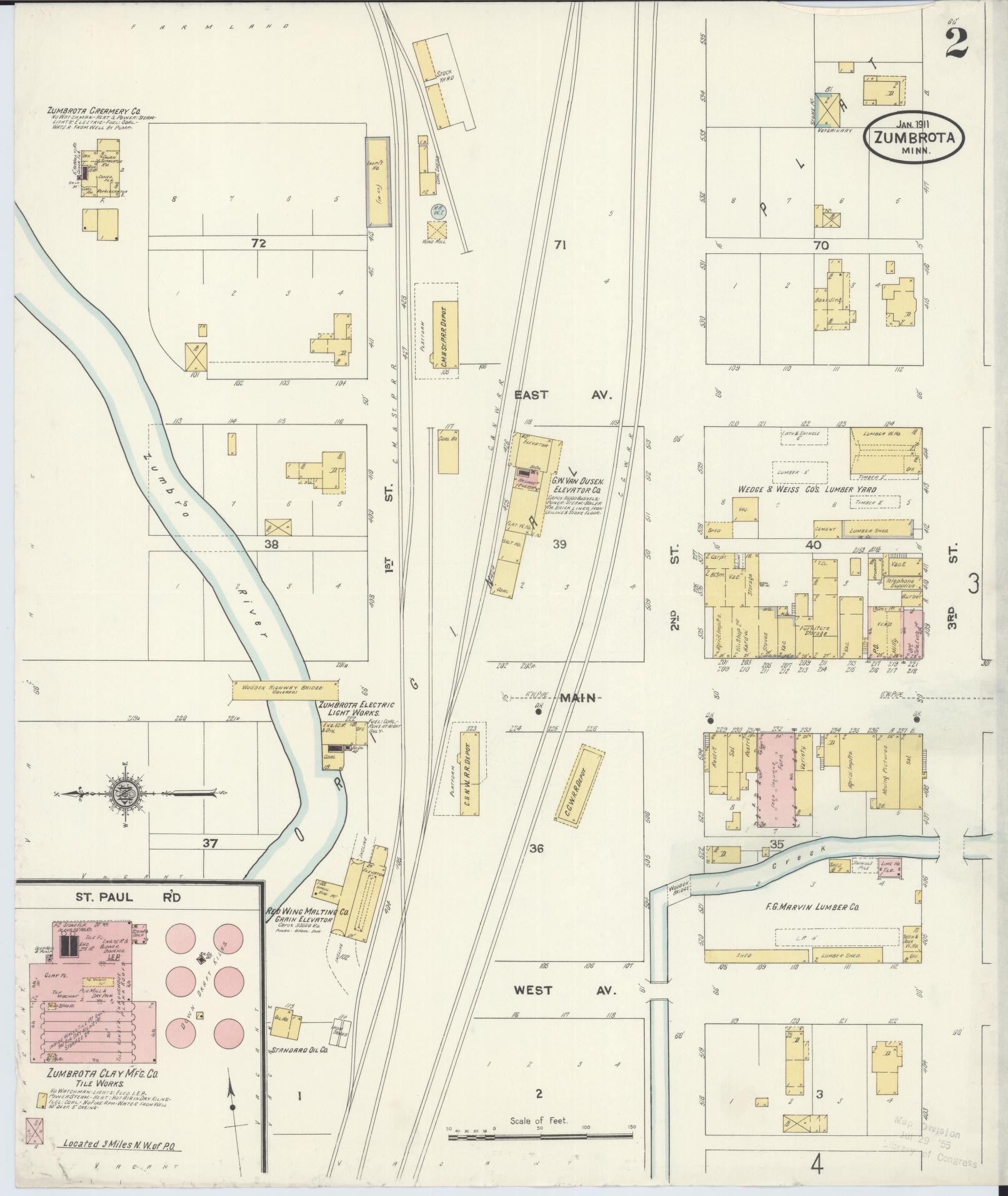 Sanborn Fire Insurance Map from Zumbrota, Goodhue County, Minnesota (1911), Sheet #0002 - Historic Sanborn Fire Insurance Map Print, vintage old map wall art, antique decor, genealogy gift, Minnesota Minnesota map