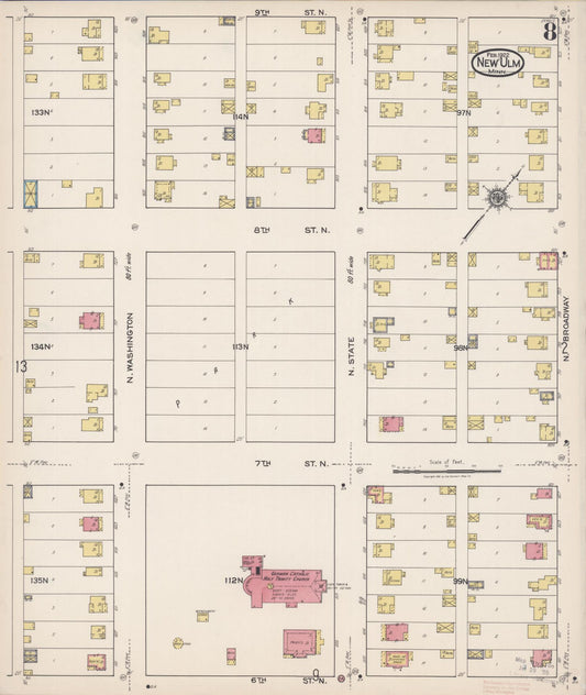Sanborn Fire Insurance Map from New Ulm, Brown County, Minnesota (1922), Sheet #0008 - Historic Sanborn Fire Insurance Map Print, vintage old map wall art, antique decor, genealogy gift, Minnesota Minnesota map