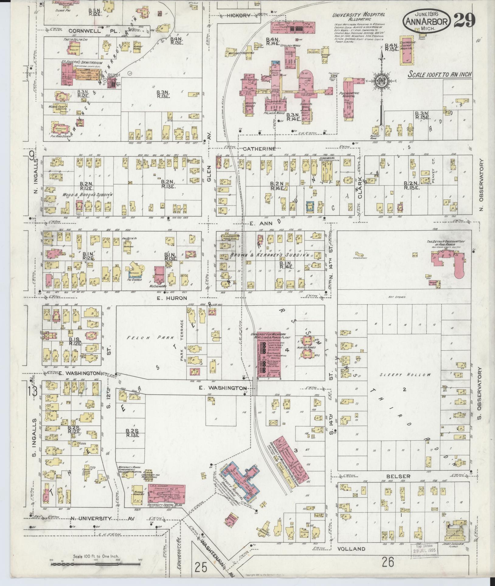 Sanborn Fire Insurance Map from Ann Arbor, Washtenaw County, Michigan (1916), Sheet #0029 - Complete Map Set gallery image, historic Sanborn map, vintage wall art, Michigan Michigan
