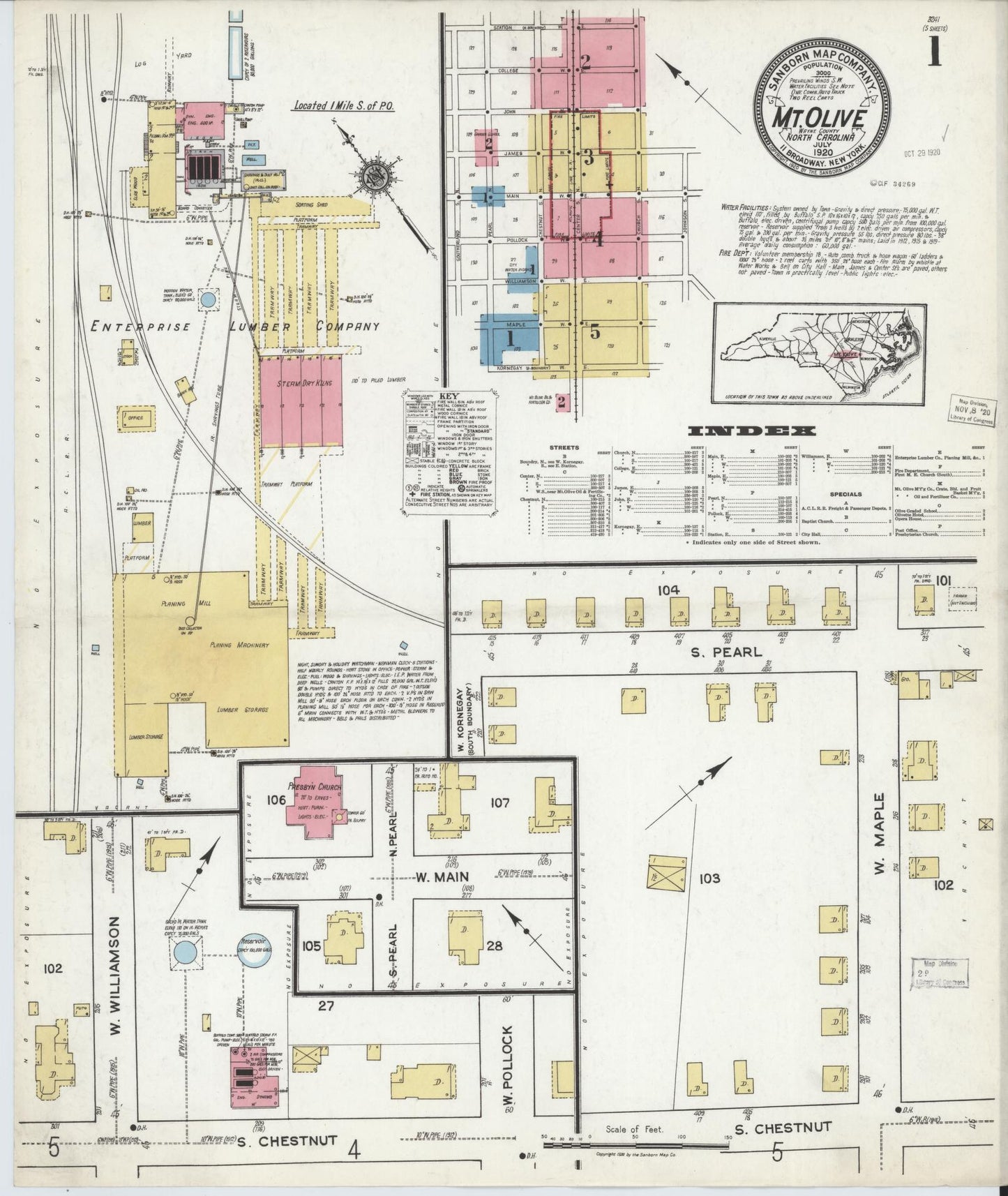 Sanborn Fire Insurance Map from Mount Olive, Wayne County, North Carolina (1920), Sheet #0001 - Complete Map Set gallery image, historic Sanborn map, vintage wall art, North Carolina North Carolina