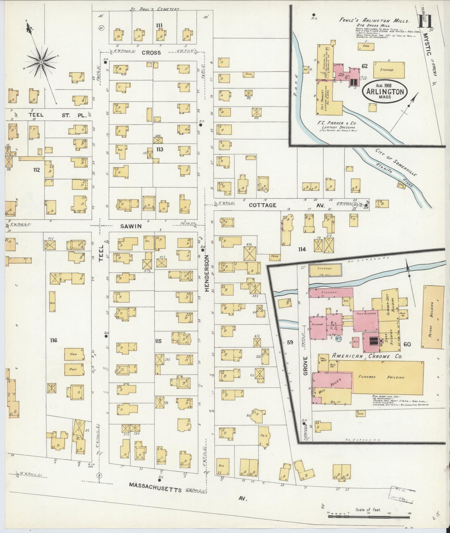 Sanborn Fire Insurance Map from Arlington, Middlesex County, Massachusetts (1908), Sheet #0011 - Complete Map Set gallery image, historic Sanborn map, vintage wall art, Massachusetts Massachusetts