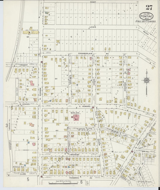 Sanborn Fire Insurance Map from Pontiac, Oakland County, Michigan (1915), Sheet #0027 - Historic Sanborn Fire Insurance Map Print, vintage old map wall art, antique decor, genealogy gift, Michigan Michigan map