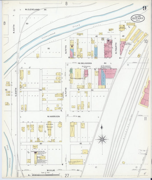 Sanborn Fire Insurance Map from Guthrie, Logan County, Oklahoma (1908), Sheet #0009 - Historic Sanborn Fire Insurance Map Print, vintage old map wall art, antique decor, genealogy gift, Oklahoma Oklahoma map