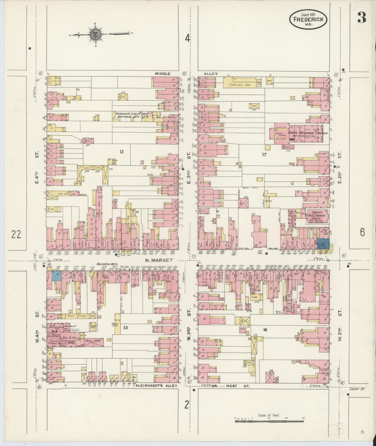 Sanborn Fire Insurance Map from Frederick, Frederick County, Maryland (1911), Sheet #0003 - Historic Sanborn Fire Insurance Map Print, vintage old map wall art, antique decor, genealogy gift, Maryland Maryland map