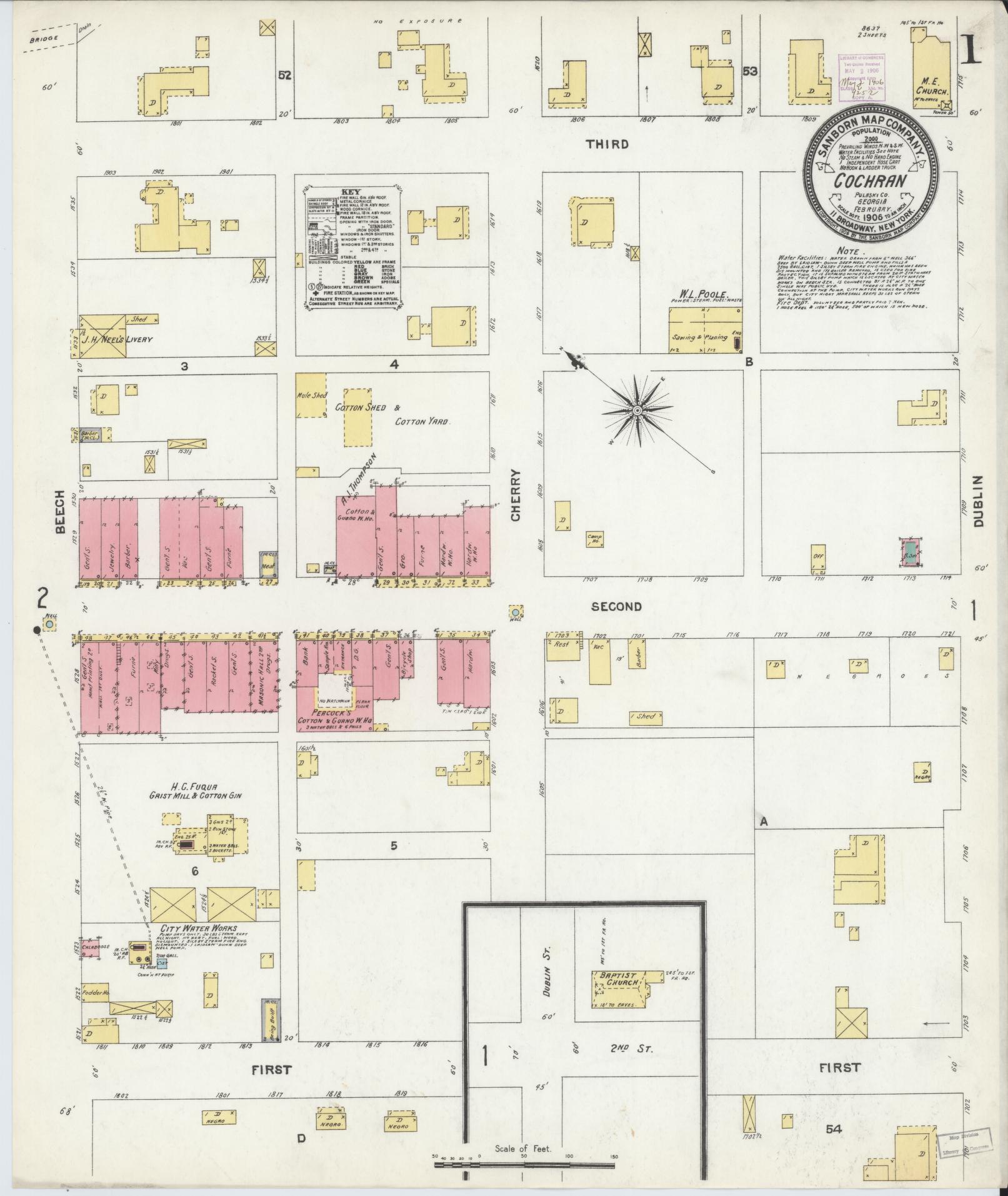Sanborn Fire Insurance Map from Cochran, Bleckley County, Georgia (1906), Sheet #0001 - Historic Sanborn Fire Insurance Map Print, vintage old map wall art, antique decor, genealogy gift, Georgia Georgia map