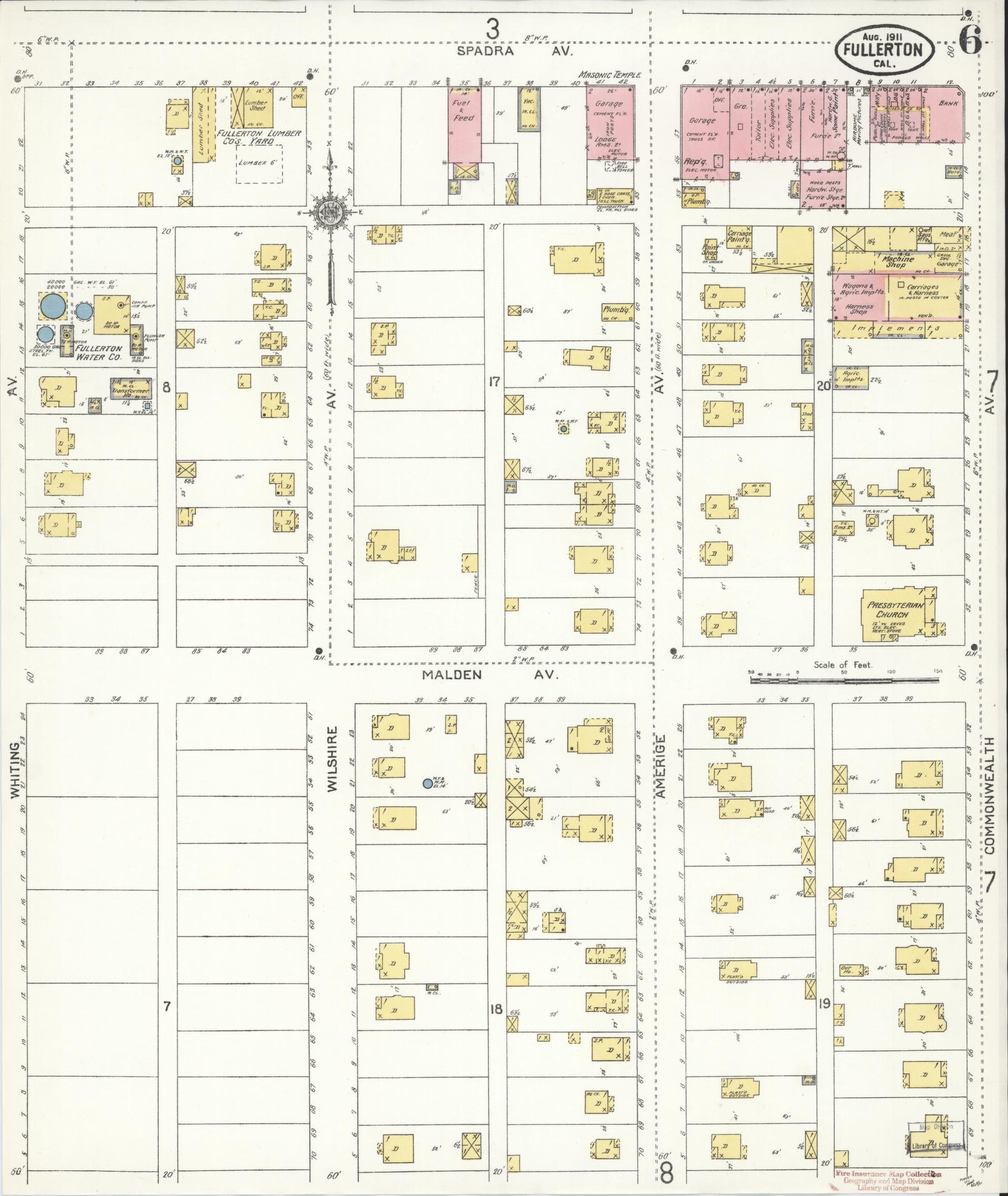 Sanborn Fire Insurance Map from Fullerton, Orange County, California (1911), Sheet #0006 - Historic Sanborn Fire Insurance Map Print, vintage old map wall art, antique decor, genealogy gift, California California map