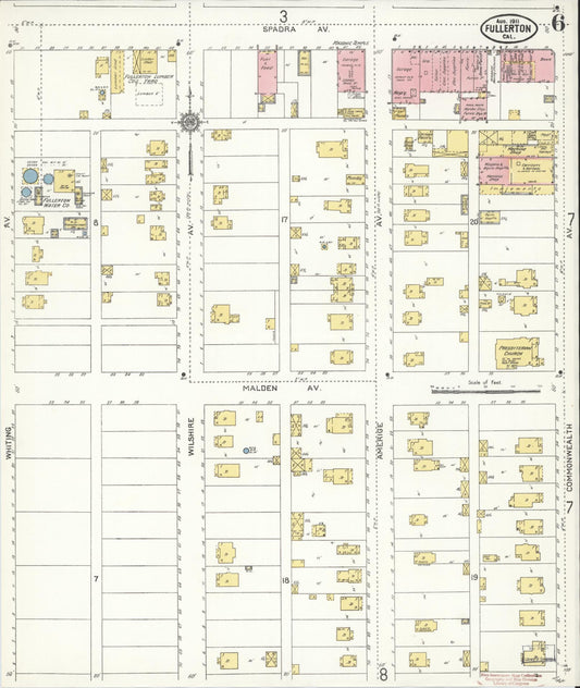Sanborn Fire Insurance Map from Fullerton, Orange County, California (1911), Sheet #0006 - Historic Sanborn Fire Insurance Map Print, vintage old map wall art, antique decor, genealogy gift, California California map