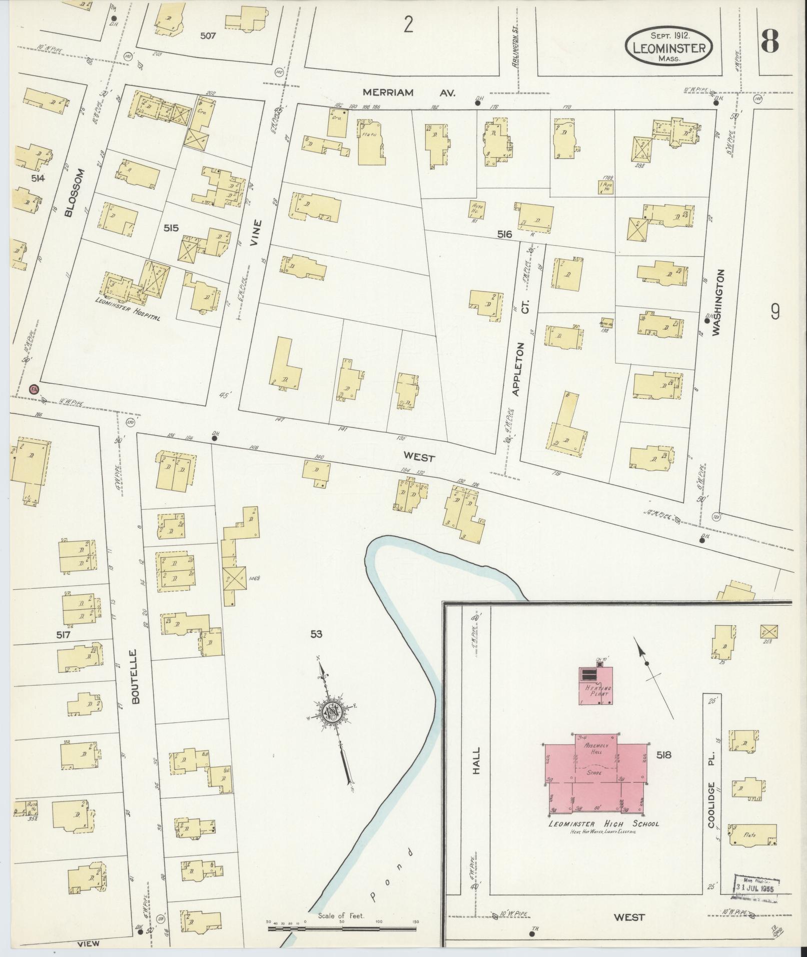 Sanborn Fire Insurance Map from Leominster, Worcester County, Massachusetts (1912), Sheet #0008 - Historic Sanborn Fire Insurance Map Print, vintage old map wall art, antique decor, genealogy gift, Massachusetts Massachusetts map