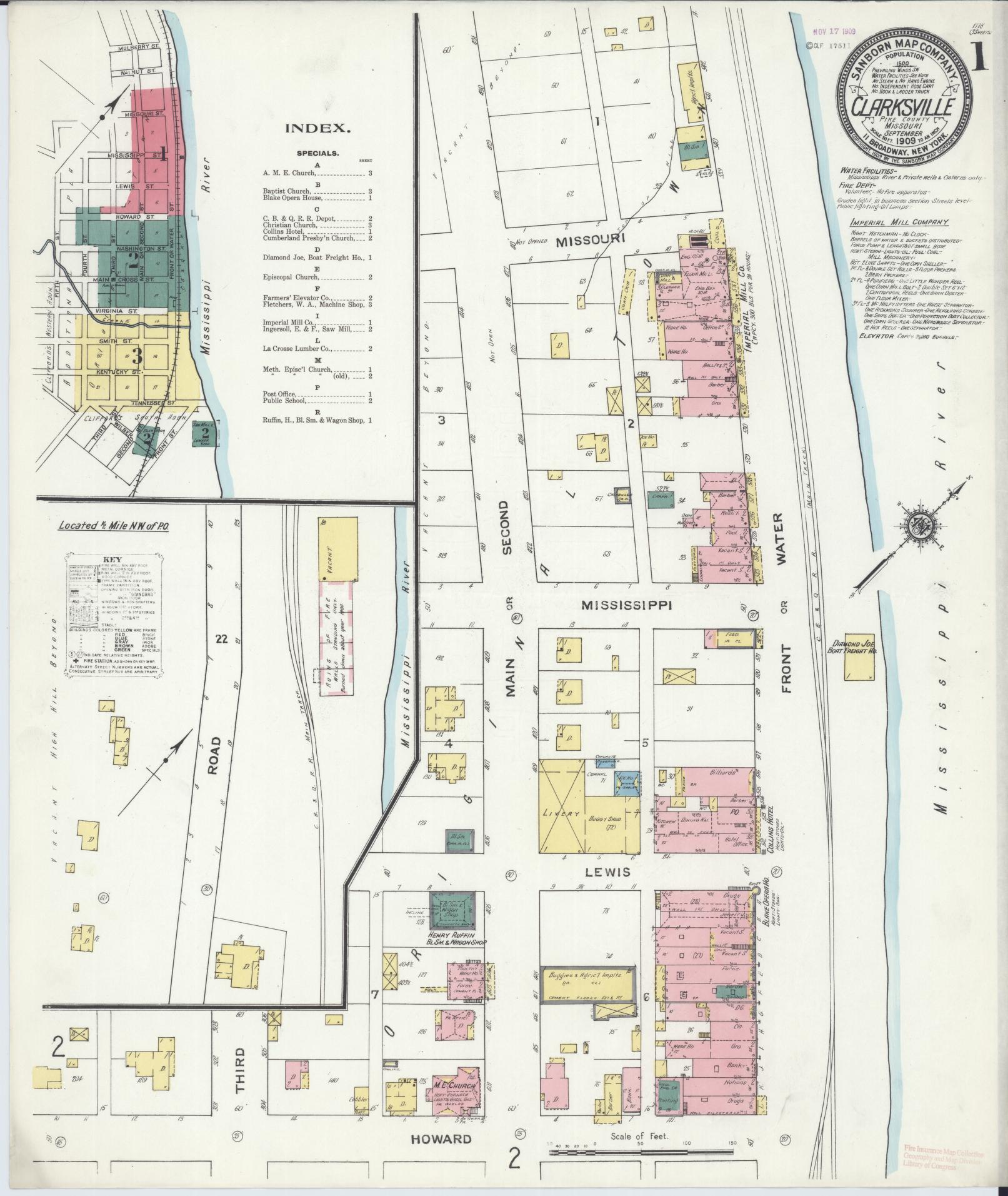 Sanborn Fire Insurance Map from Clarksville, Pike County, Missouri (1909), Sheet #0001 - Complete Map Set gallery image, historic Sanborn map, vintage wall art, Missouri Missouri