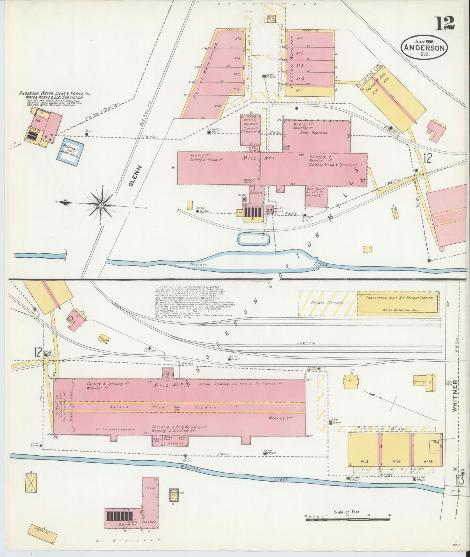 Sanborn Fire Insurance Map from Anderson, Anderson County, South Carolina (1906), Sheet #0012 - Historic Sanborn Fire Insurance Map Print, vintage old map wall art, antique decor, genealogy gift, South Carolina South Carolina map