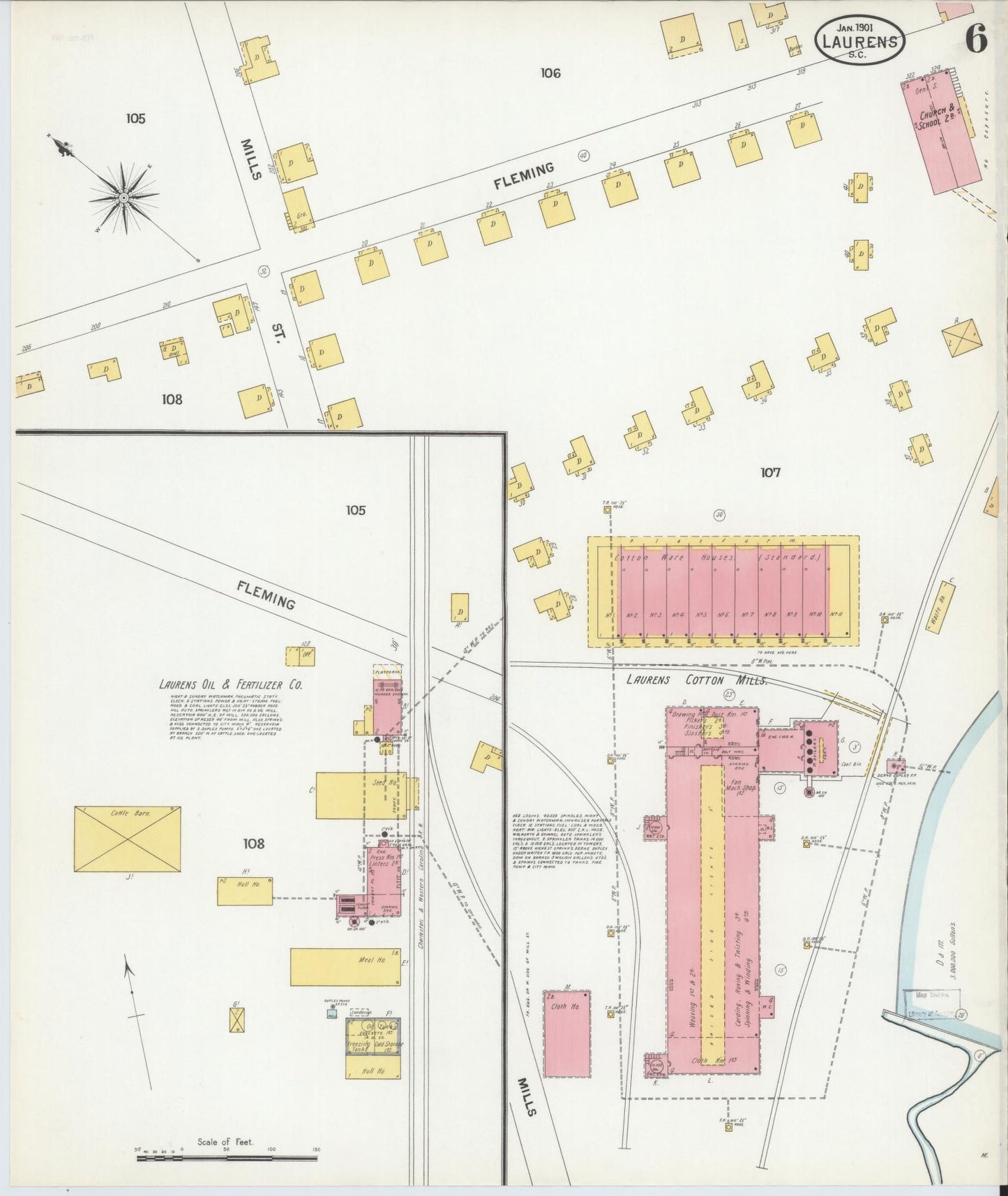Sanborn Fire Insurance Map from Laurens, Laurens County, South Carolina (1901), Sheet #0006 - Historic Sanborn Fire Insurance Map Print, vintage old map wall art, antique decor, genealogy gift, South Carolina South Carolina map