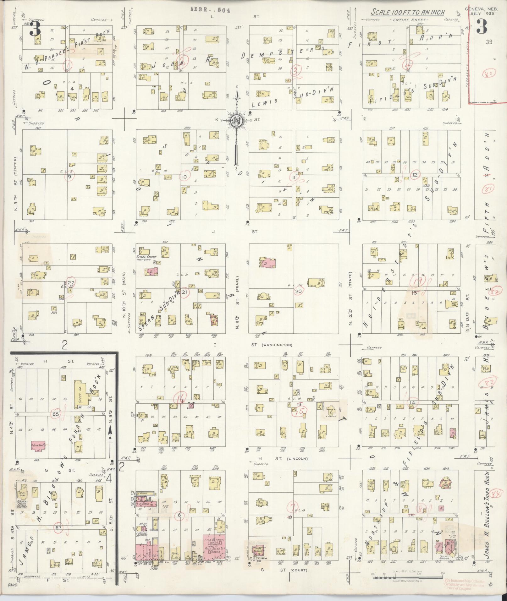 Sanborn Fire Insurance Map from Geneva, Fillmore County, Nebraska (1933), Sheet #0003 - Complete Map Set gallery image, historic Sanborn map, vintage wall art, Nebraska Nebraska