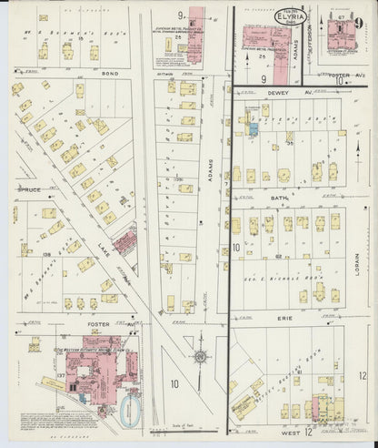 Sanborn Fire Insurance Map from Elyria, Lorain County, Ohio (1915), Sheet #0009 - Historic Sanborn Fire Insurance Map Print, vintage old map wall art, antique decor, genealogy gift, Ohio Ohio map