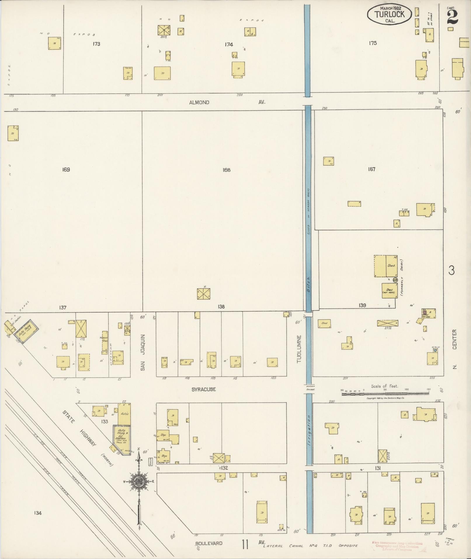 Sanborn Fire Insurance Map from Turlock, Stanislaus County, California (1922), Sheet #0002 - Complete Map Set gallery image, historic Sanborn map, vintage wall art, California California