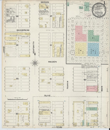 Sanborn Fire Insurance Map from Vernon, Wilbarger County, Texas (1891), Sheet #0001 - Complete Map Set gallery image, historic Sanborn map, vintage wall art, Texas Texas