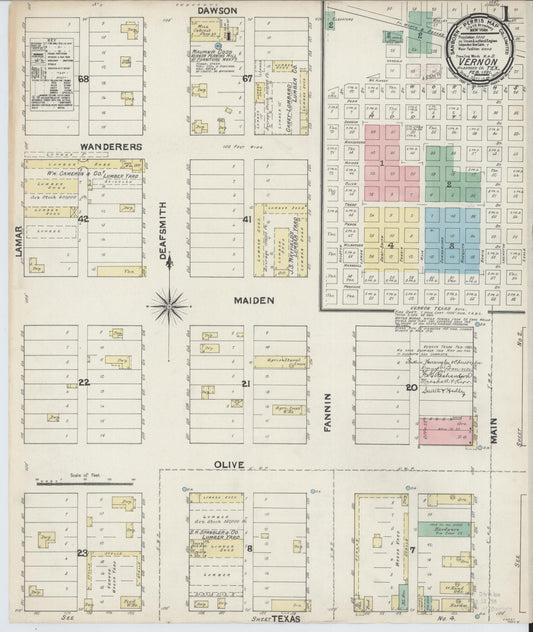 Sanborn Fire Insurance Map from Vernon, Wilbarger County, Texas (1891), Sheet #0001 - Complete Map Set gallery image, historic Sanborn map, vintage wall art, Texas Texas