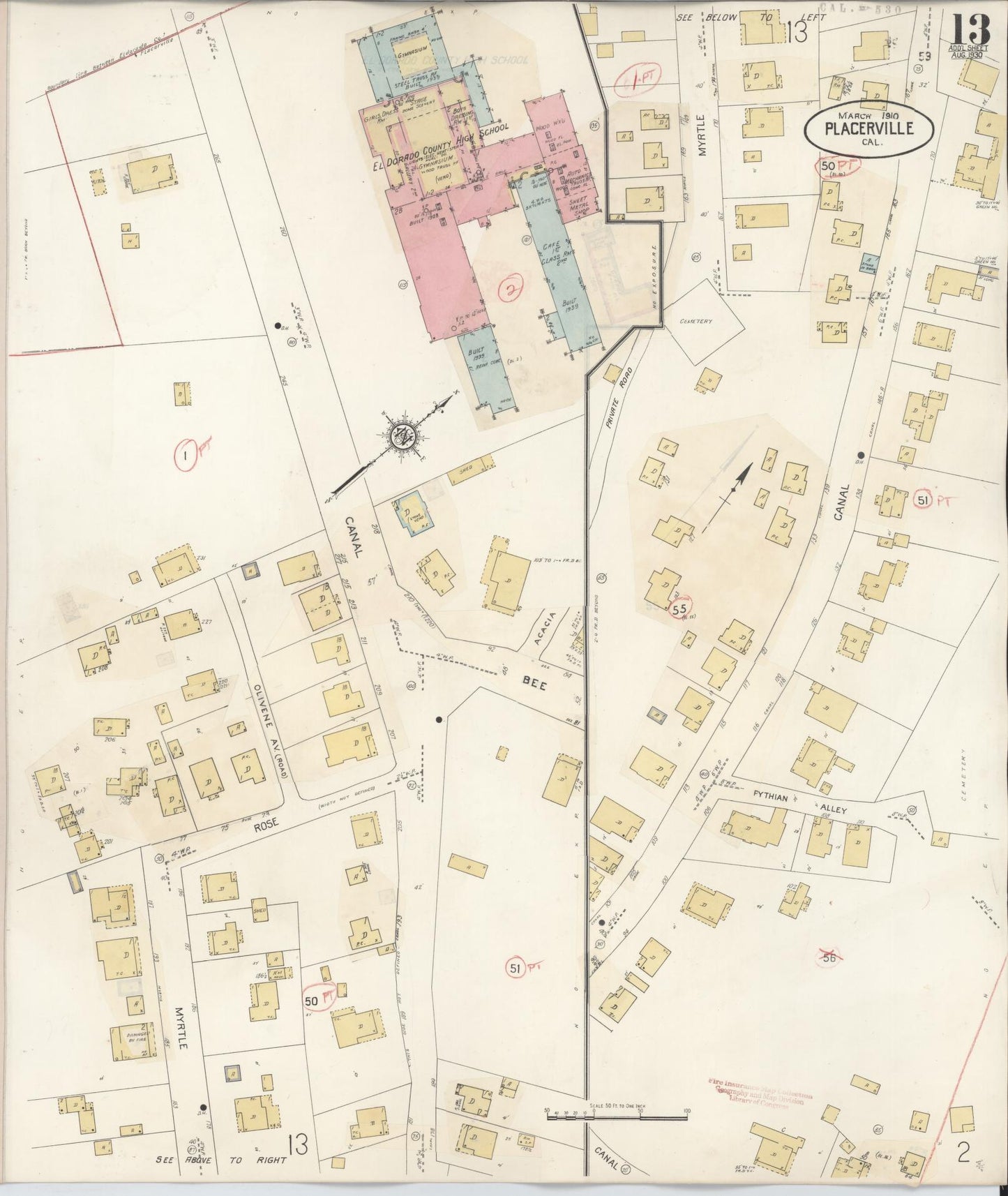 Sanborn Fire Insurance Map from Placerville, El Dorado County, California (1940), Sheet #0013 - Complete Map Set gallery image, historic Sanborn map, vintage wall art, California California