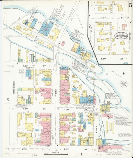 Sanborn Fire Insurance Map from Cedar Falls, Black Hawk County, Iowa (1897), Sheet #0005 - Historic Sanborn Fire Insurance Map Print, vintage old map wall art