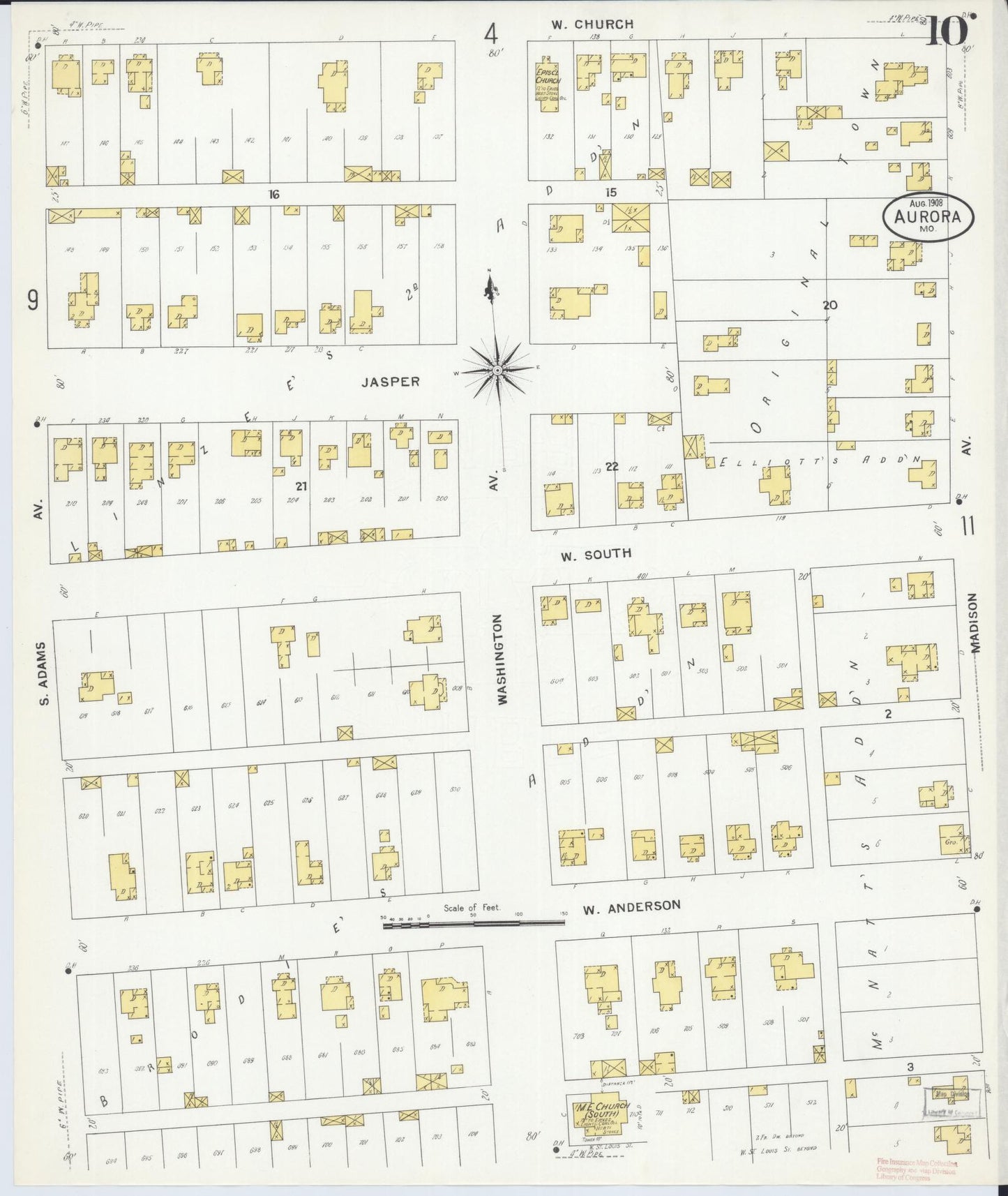 Sanborn Fire Insurance Map from Aurora, Lawrence County, Missouri (1908), Sheet #0010 - Complete Map Set gallery image, historic Sanborn map, vintage wall art, Missouri Missouri