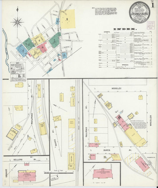 Sanborn Fire Insurance Map from Orangeburg, Orangeburg County, South Carolina (1904), Sheet #0001 - Complete Map Set gallery image, historic Sanborn map, vintage wall art, South Carolina South Carolina