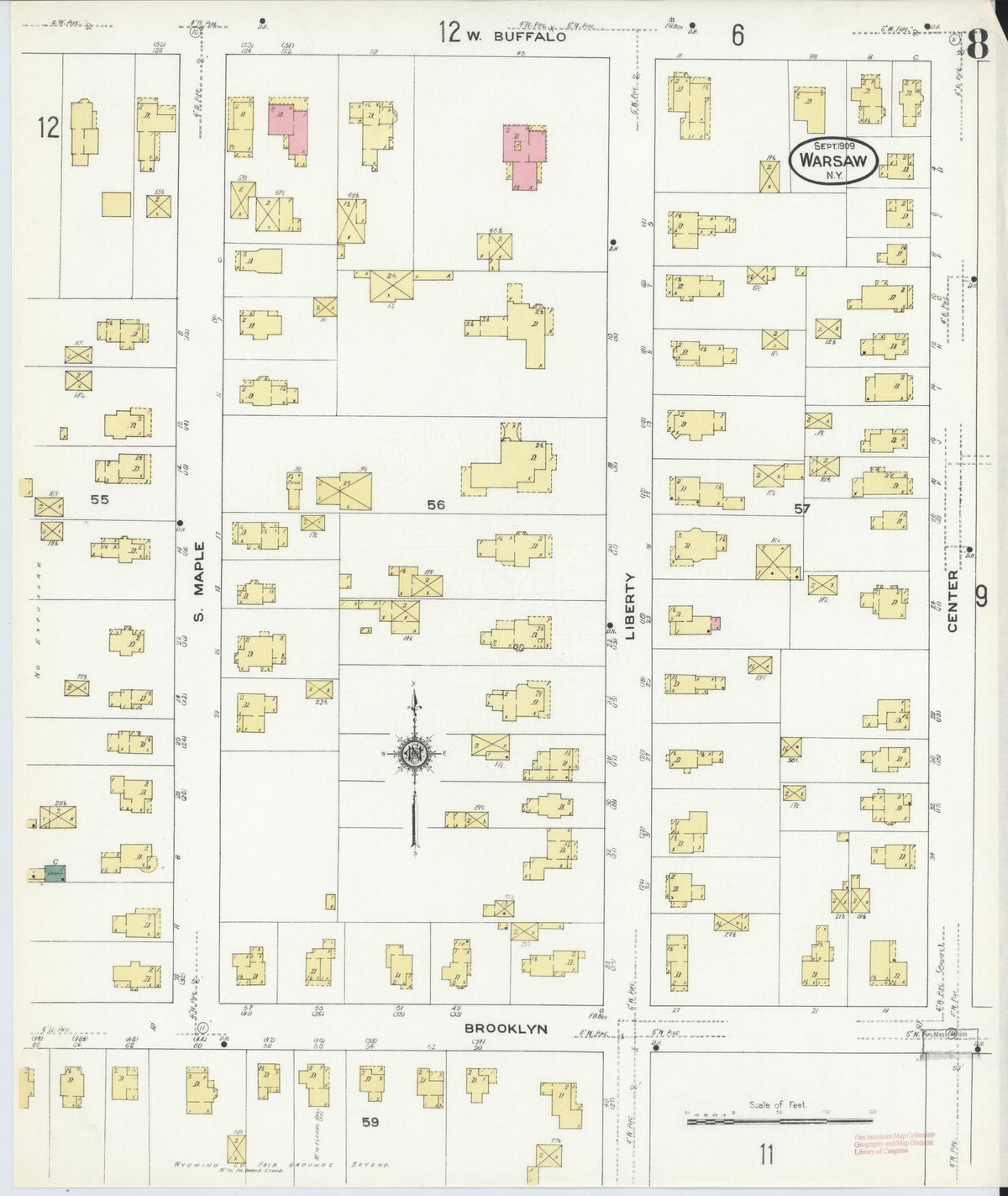 Sanborn Fire Insurance Map from Warsaw, Wyoming County, New York (1909), Sheet #0008 - Complete Map Set gallery image, historic Sanborn map, vintage wall art, Warsaw Wyoming