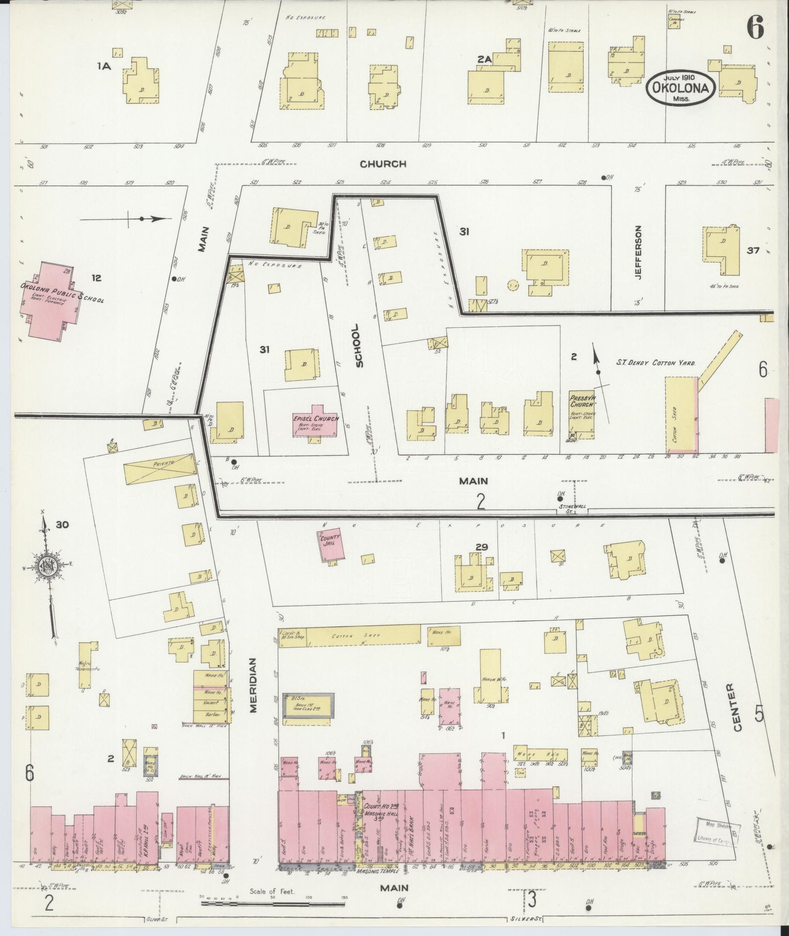 Sanborn Fire Insurance Map from Okolona, Chickasaw County, Mississippi (1910), Sheet #0006 - Historic Sanborn Fire Insurance Map Print, vintage old map wall art, antique decor, genealogy gift, Mississippi Mississippi map