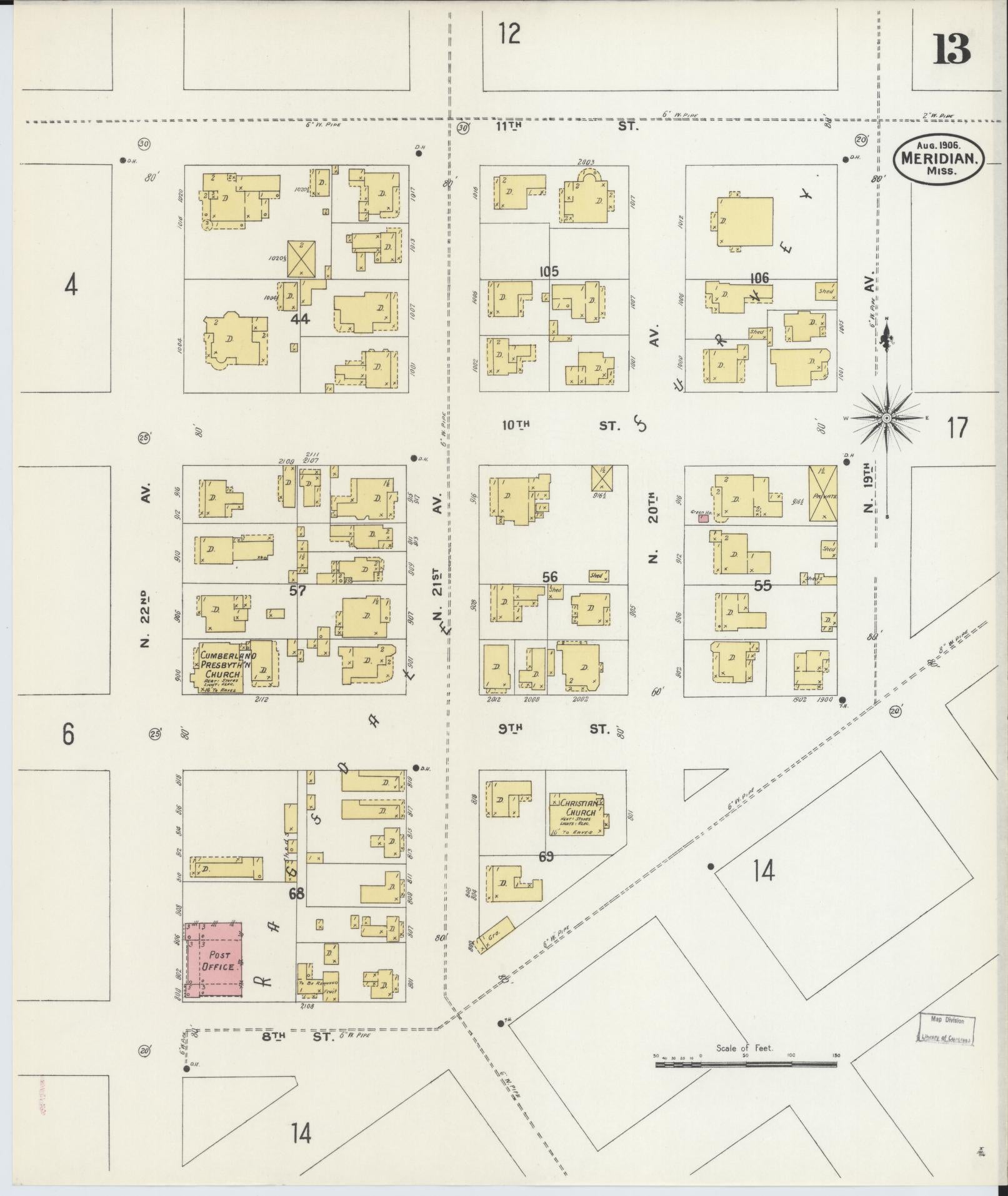 Sanborn Fire Insurance Map from Meridian, Lauderdale County, Mississippi (1906), Sheet #0013 - Complete Map Set gallery image, historic Sanborn map, vintage wall art, Mississippi Mississippi