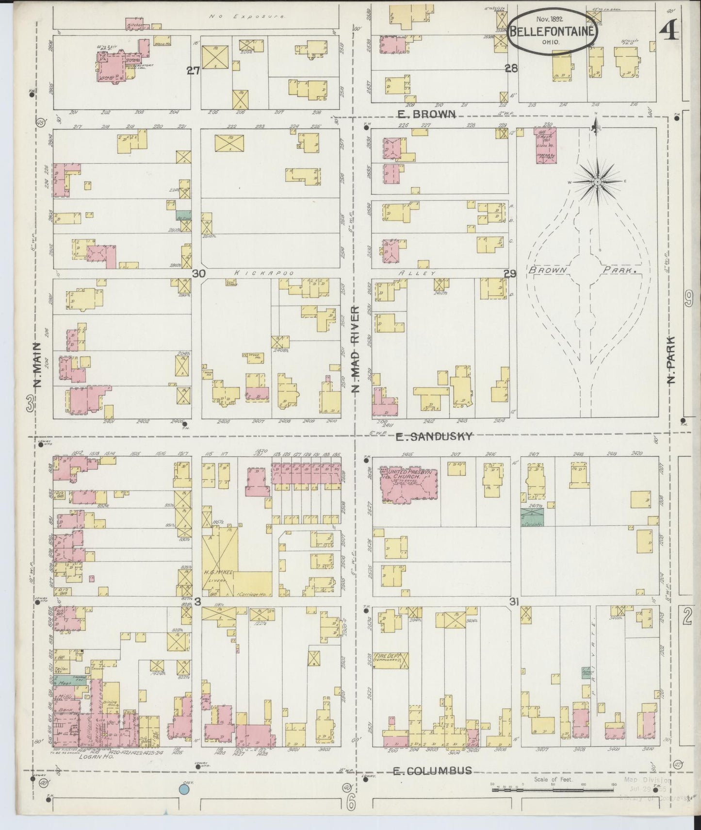 Sanborn Fire Insurance Map from Bellefontaine, Logan County, Ohio (1892), Sheet #0004 - Historic Sanborn Fire Insurance Map Print, vintage old map wall art, antique decor, genealogy gift, Ohio Ohio map