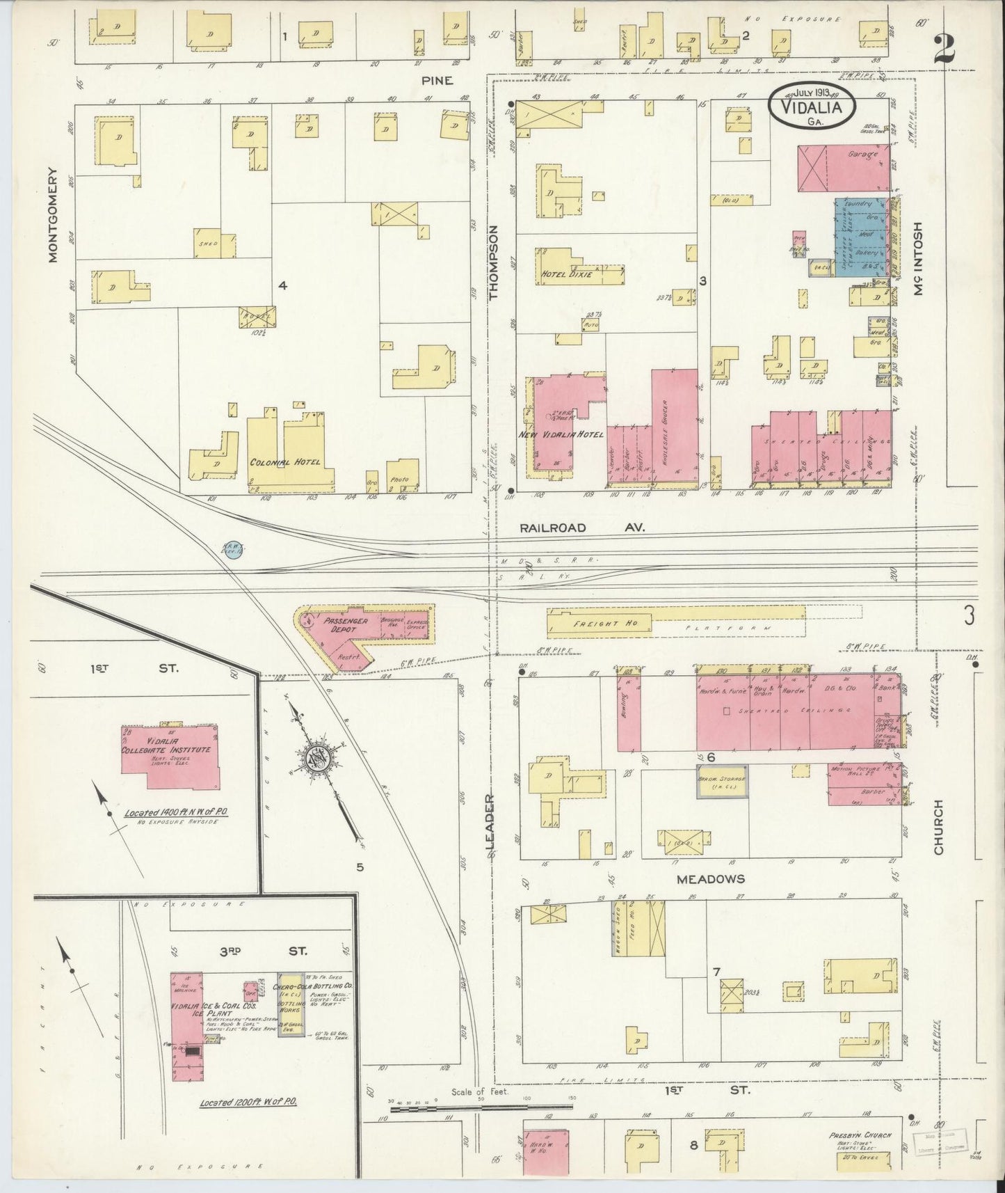 Sanborn Fire Insurance Map from Vidalia, Toombs County, Georgia (1913), Sheet #0002 - Historic Sanborn Fire Insurance Map Print, vintage old map wall art, antique decor, genealogy gift, Georgia Georgia map
