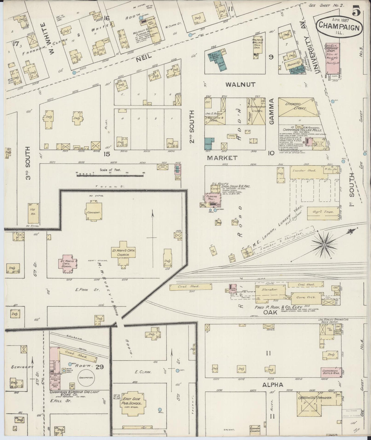 Sanborn Fire Insurance Map from Champaign, Champaign County, Illinois (1887), Sheet #0005 - Historic Sanborn Fire Insurance Map Print, vintage old map wall art, antique decor, genealogy gift, Illinois Illinois map
