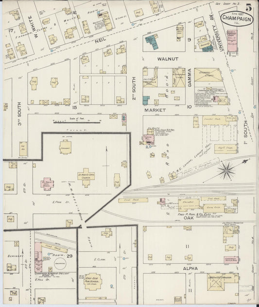 Sanborn Fire Insurance Map from Champaign, Champaign County, Illinois (1887), Sheet #0005 - Historic Sanborn Fire Insurance Map Print, vintage old map wall art, antique decor, genealogy gift, Illinois Illinois map